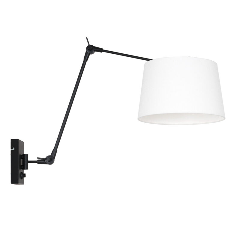 Zwarte wandlamp Prestige Chic 8187ZW met wit grof linnen kap