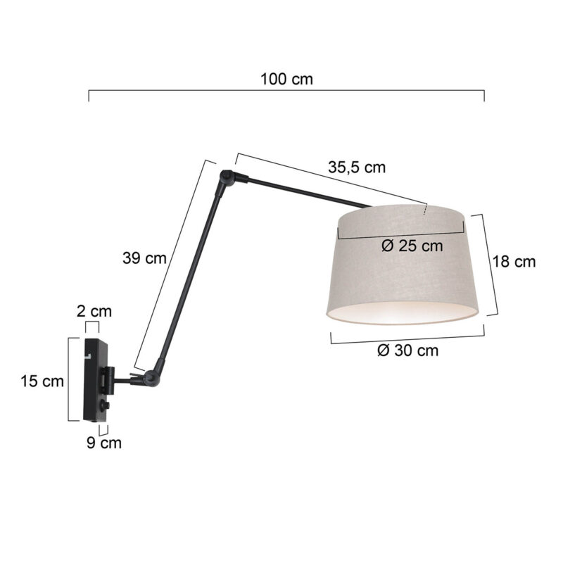Zwarte wandlamp Prestige Chic 8188ZW met grijs grof linnen kap - Afbeelding 6