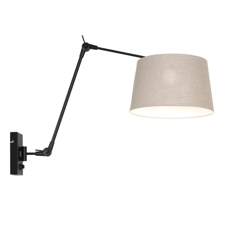 Zwarte wandlamp Prestige Chic 8188ZW met grijs grof linnen kap