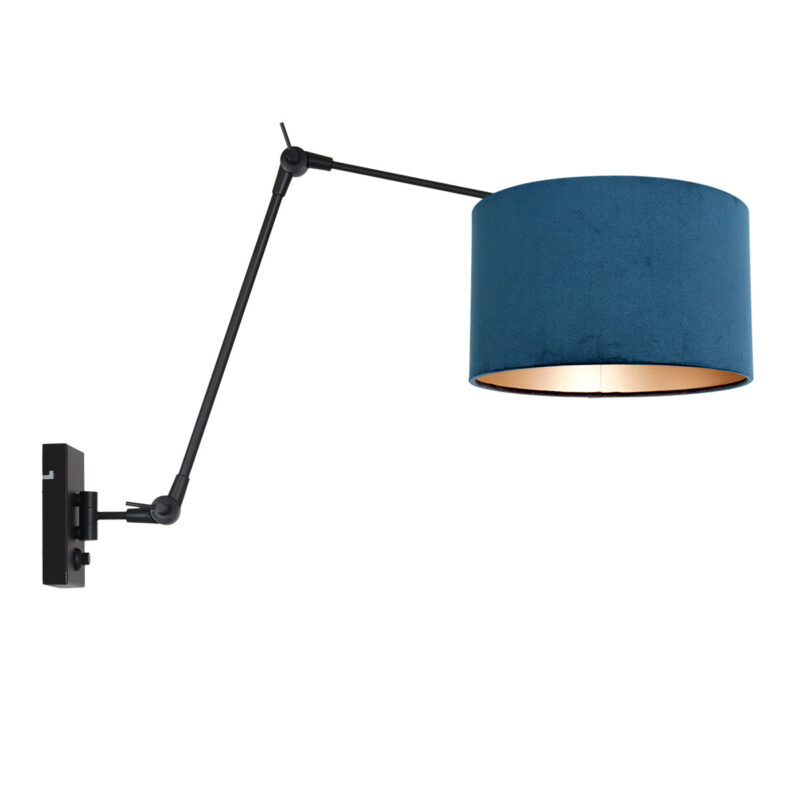 Zwarte wandlamp Prestige Chic 8240ZW met blauw velours kap - Afbeelding 2