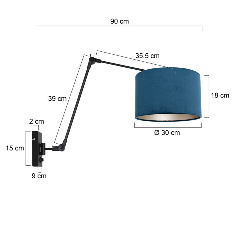 Zwarte wandlamp Prestige Chic 8240ZW met blauw velours kap - Afbeelding 6