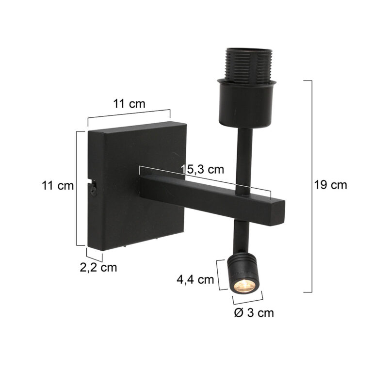 Zwarte wandlamp Stang 2995ZW met leeslamp zonder kap - Afbeelding 6