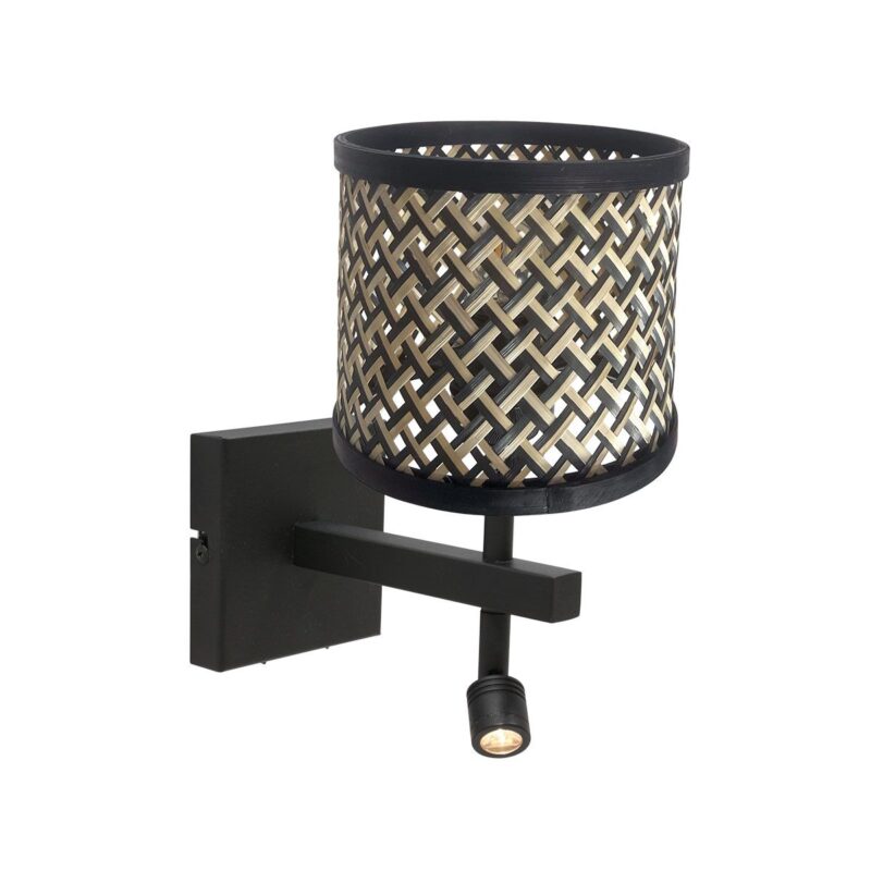 Zwarte wandlamp Stang 3701ZW met leeslamp en naturel zwart bamboe kap - Afbeelding 2