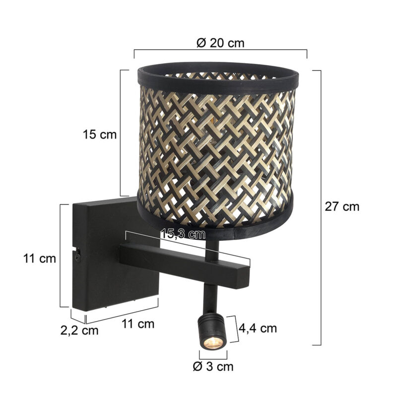 Zwarte wandlamp Stang 3701ZW met leeslamp en naturel zwart bamboe kap - Afbeelding 6