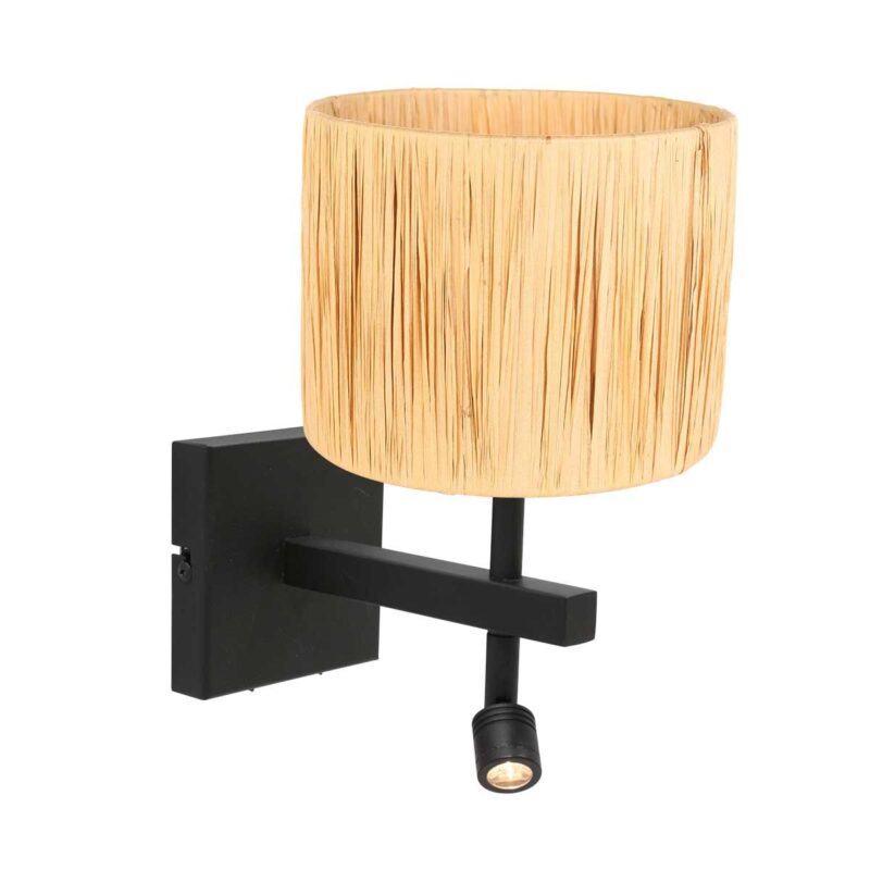 Zwarte wandlamp Stang 3702ZW met leeslamp en naturel gras kap - Afbeelding 2