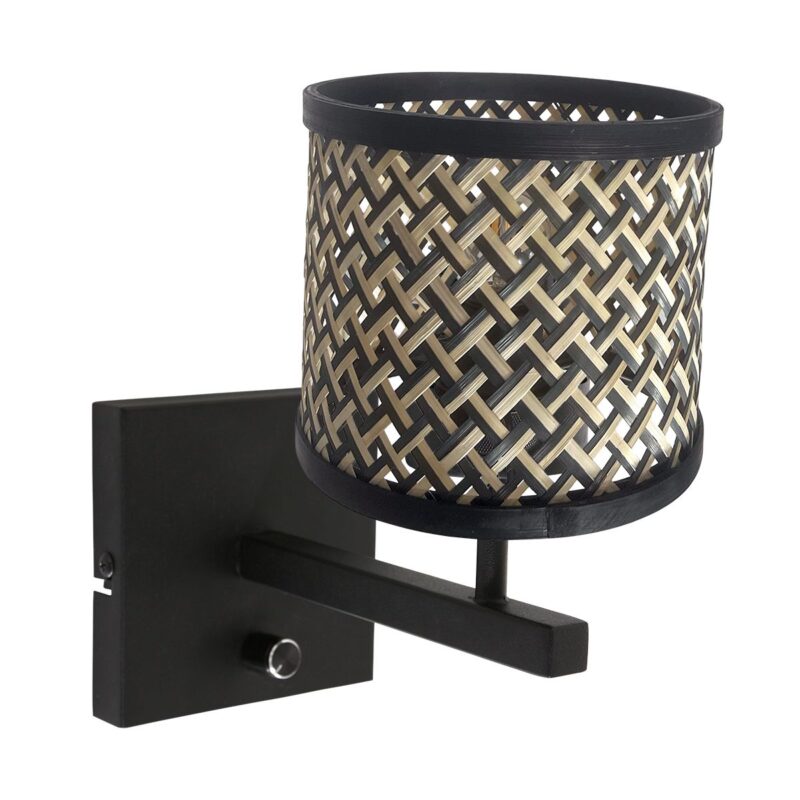 Zwarte wandlamp Stang 3709ZW met draai schakelaar en naturel zwart bamboe kap - Afbeelding 2