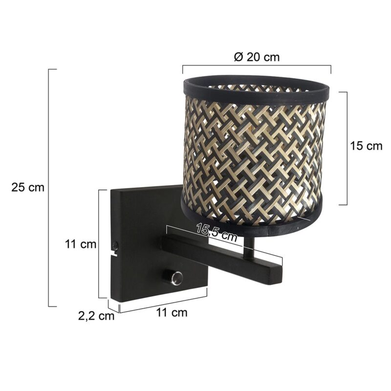 Zwarte wandlamp Stang 3709ZW met draai schakelaar en naturel zwart bamboe kap - Afbeelding 6