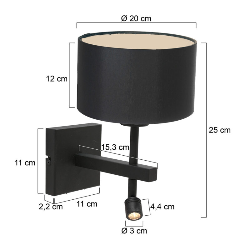 Zwarte wandlamp Stang 7193ZW met leeslamp en zwart linnen kap - Afbeelding 6