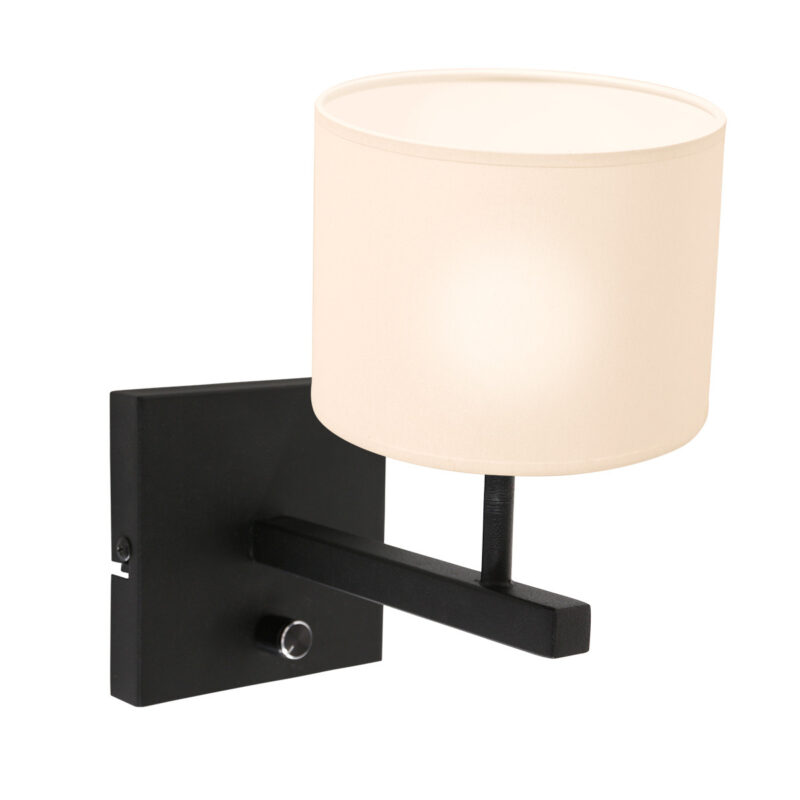 Lámpara de pared negra Rod 8171ZW con interruptor y pantalla de lino blanco