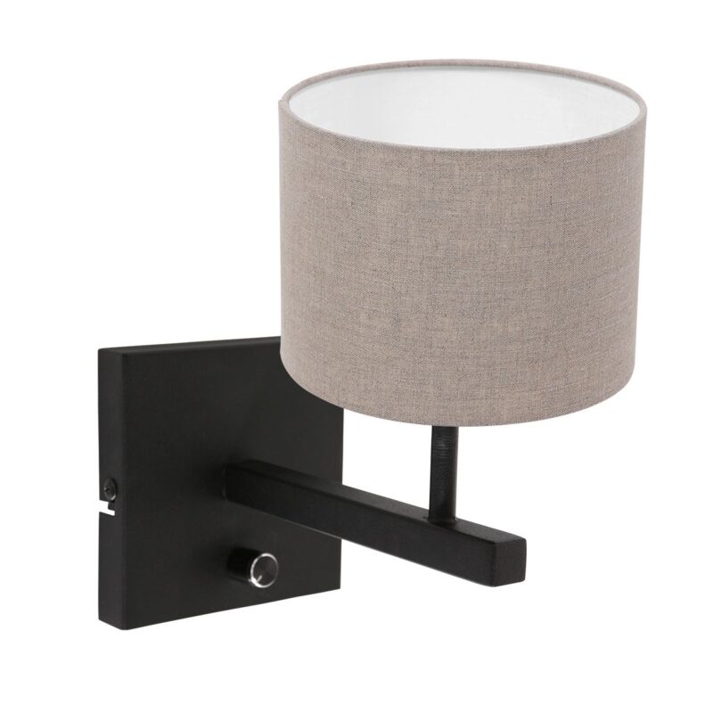 Zwarte wandlamp Stang 8172ZW met schakelaar en grijs linnen kap - Afbeelding 2
