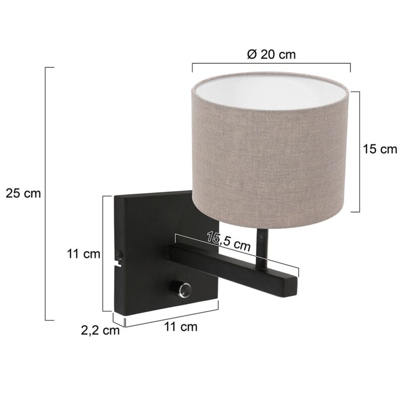 Zwarte wandlamp Stang 8172ZW met schakelaar en grijs linnen kap - Afbeelding 6