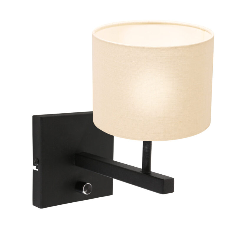 Applique noire Rod 8173ZW avec interrupteur et abat-jour en lin grossier blanc