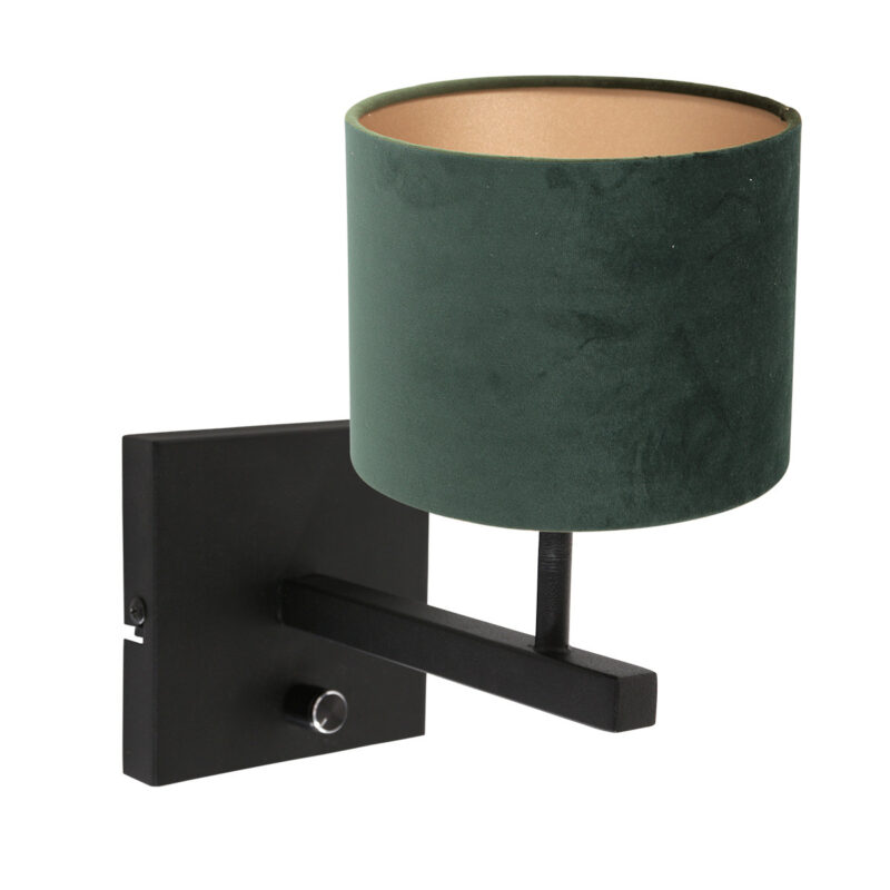 Lámpara de pared negra Rod 8174ZW con interruptor y pantalla de tela de terciopelo verde