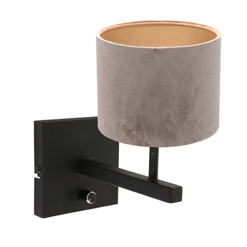 Lámpara de pared negra Rod 8175ZW con interruptor y pantalla de tela de terciopelo gris