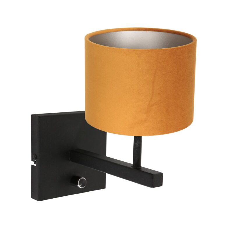 Zwarte wandlamp Stang 8176ZW met schakelaar en goud velours stof kap - Afbeelding 2