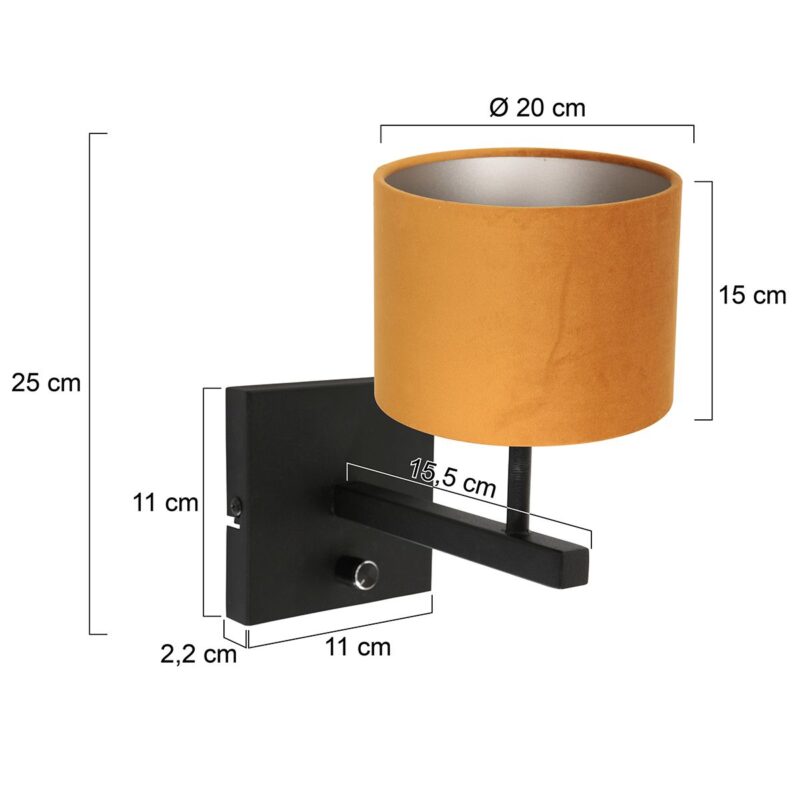 Zwarte wandlamp Stang 8176ZW met schakelaar en goud velours stof kap - Afbeelding 7