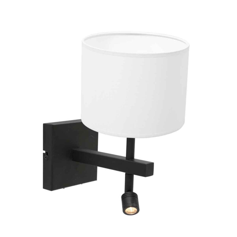 Zwarte wandlamp Stang 8202ZW met leeslamp en wit linnen kap - Afbeelding 2