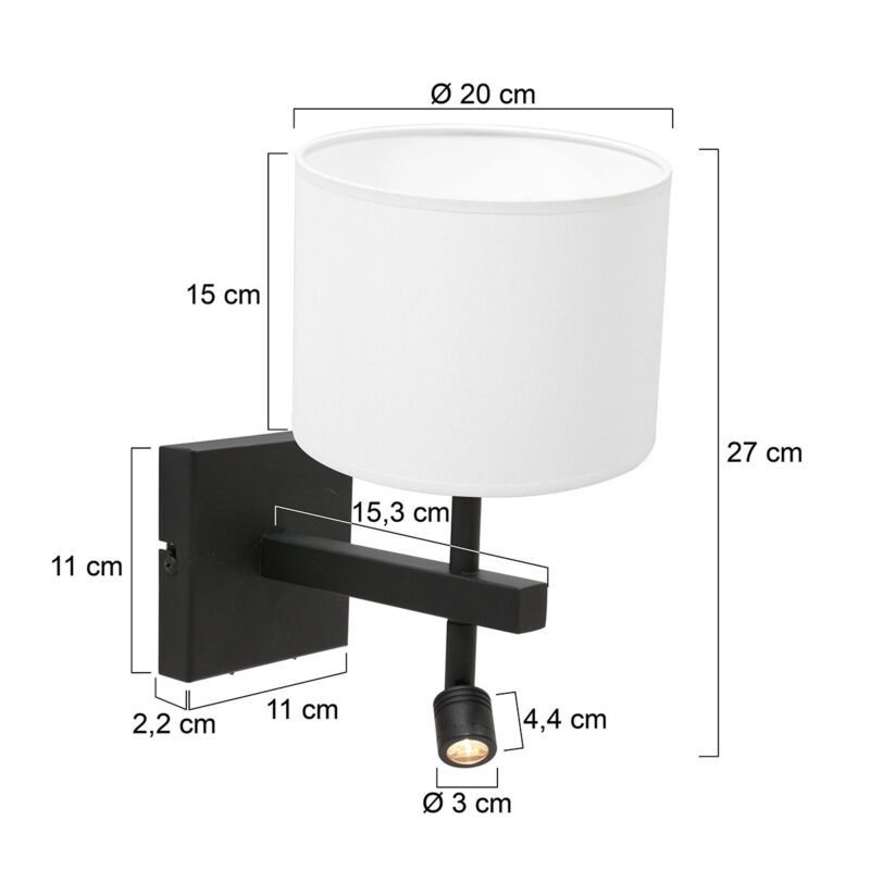 Zwarte wandlamp Stang 8202ZW met leeslamp en wit linnen kap - Afbeelding 6