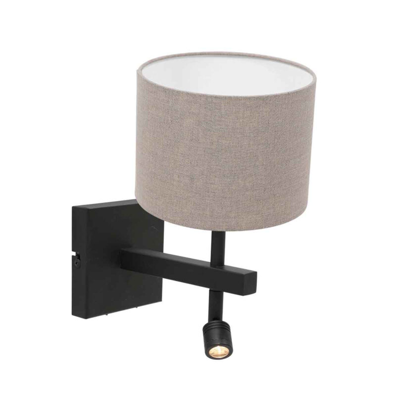 Zwarte wandlamp Stang 8203ZW met leeslamp en grijs linnen kap - Afbeelding 2