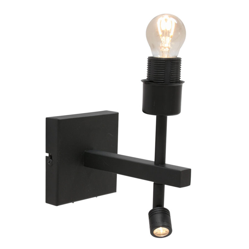 Zwarte wandlamp Stang 8203ZW met leeslamp en grijs linnen kap - Afbeelding 3