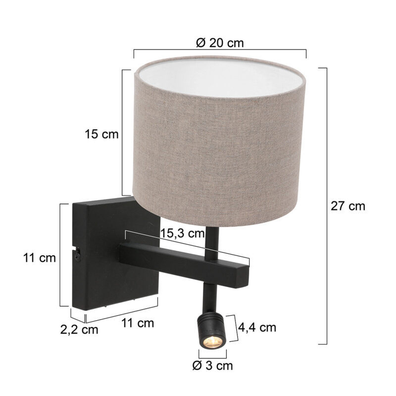 Zwarte wandlamp Stang 8203ZW met leeslamp en grijs linnen kap - Afbeelding 6