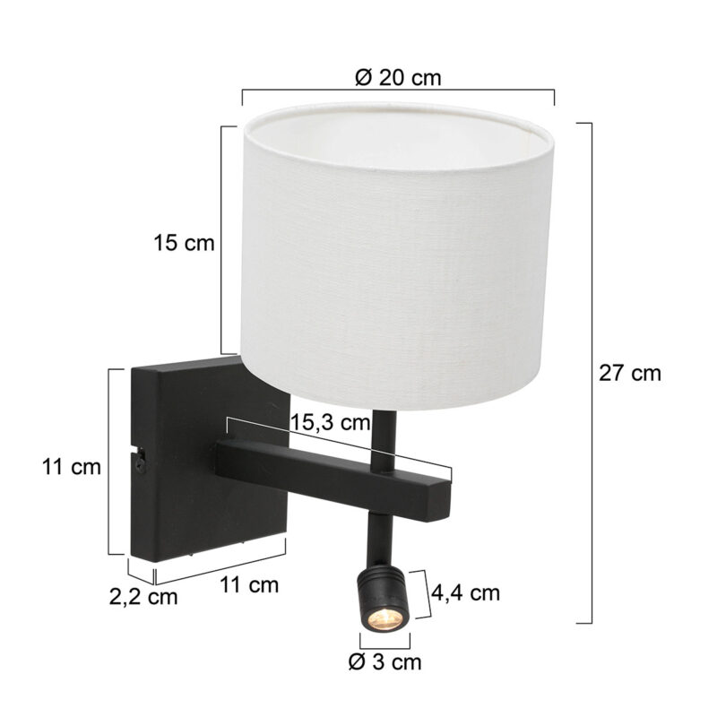 Zwarte wandlamp Stang 8204ZW met leeslamp en wit grof linnen kap - Afbeelding 6