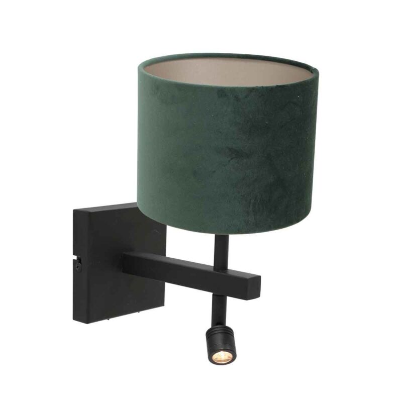 Zwarte wandlamp Stang 8205ZW met leeslamp en groen velours kap - Afbeelding 2