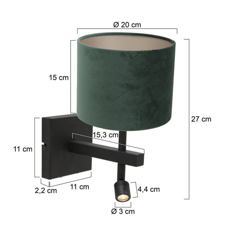 Zwarte wandlamp Stang 8205ZW met leeslamp en groen velours kap - Afbeelding 6