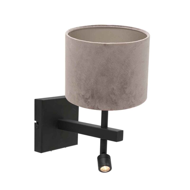 Zwarte wandlamp Stang 8206ZW met leeslamp en grijs velours kap - Afbeelding 2
