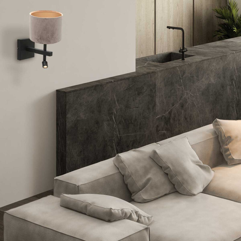Zwarte wandlamp Stang 8206ZW met leeslamp en grijs velours kap - Afbeelding 3