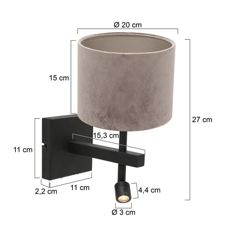 Zwarte wandlamp Stang 8206ZW met leeslamp en grijs velours kap - Afbeelding 7
