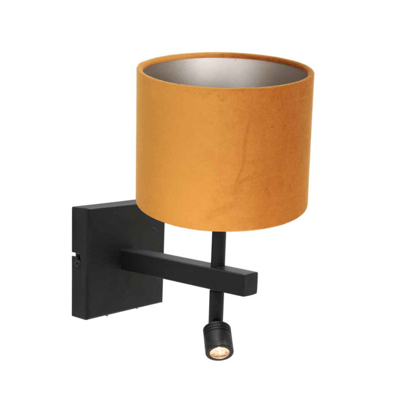 Zwarte wandlamp Stang 8207ZW met leeslamp en goud velours kap - Afbeelding 2