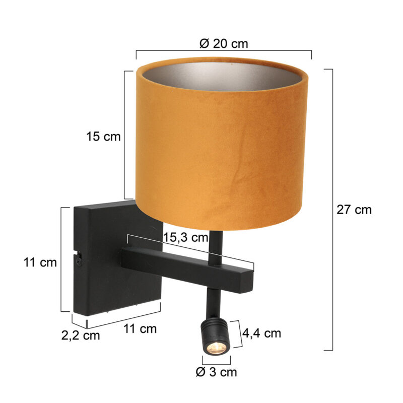 Zwarte wandlamp Stang 8207ZW met leeslamp en goud velours kap - Afbeelding 6