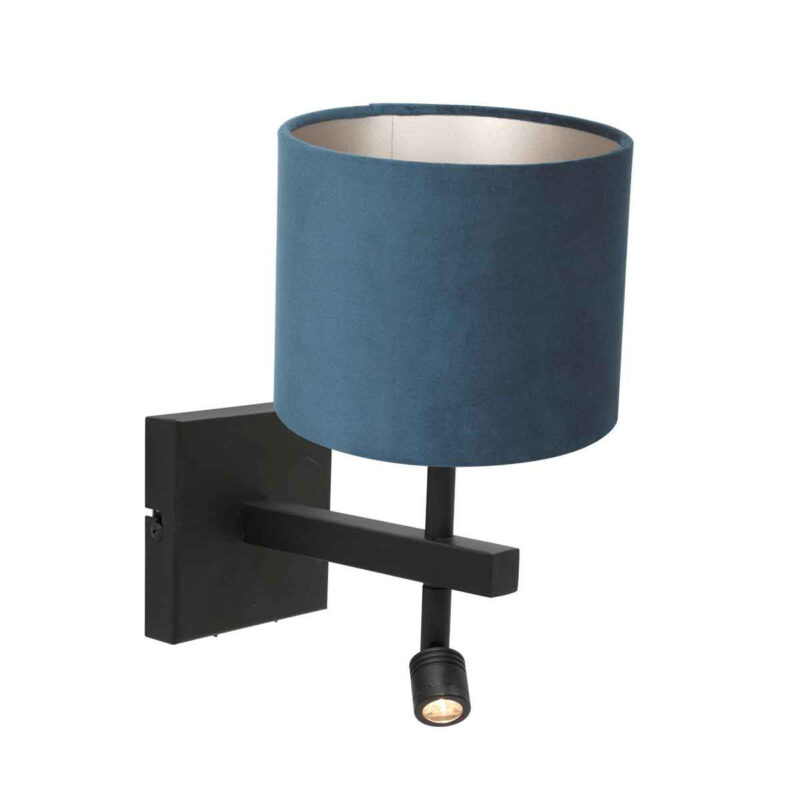 Zwarte wandlamp Stang 8208ZW met leeslamp en blauw velours kap - Afbeelding 2