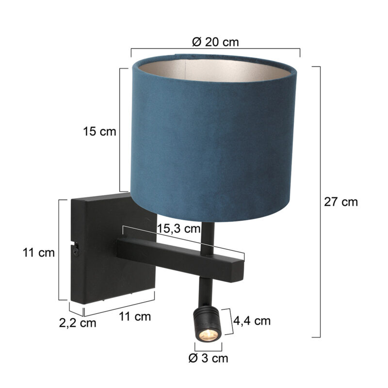 Zwarte wandlamp Stang 8208ZW met leeslamp en blauw velours kap - Afbeelding 6