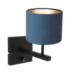 Lámpara de pared negra Rod 8251ZW con interruptor y pantalla de tela de terciopelo azul