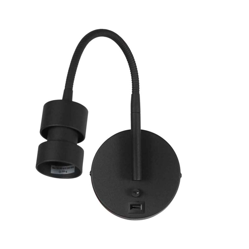 Zwarte wandlamp Upround 3517ZW + USB-A  exclusief lichtbron - Afbeelding 2