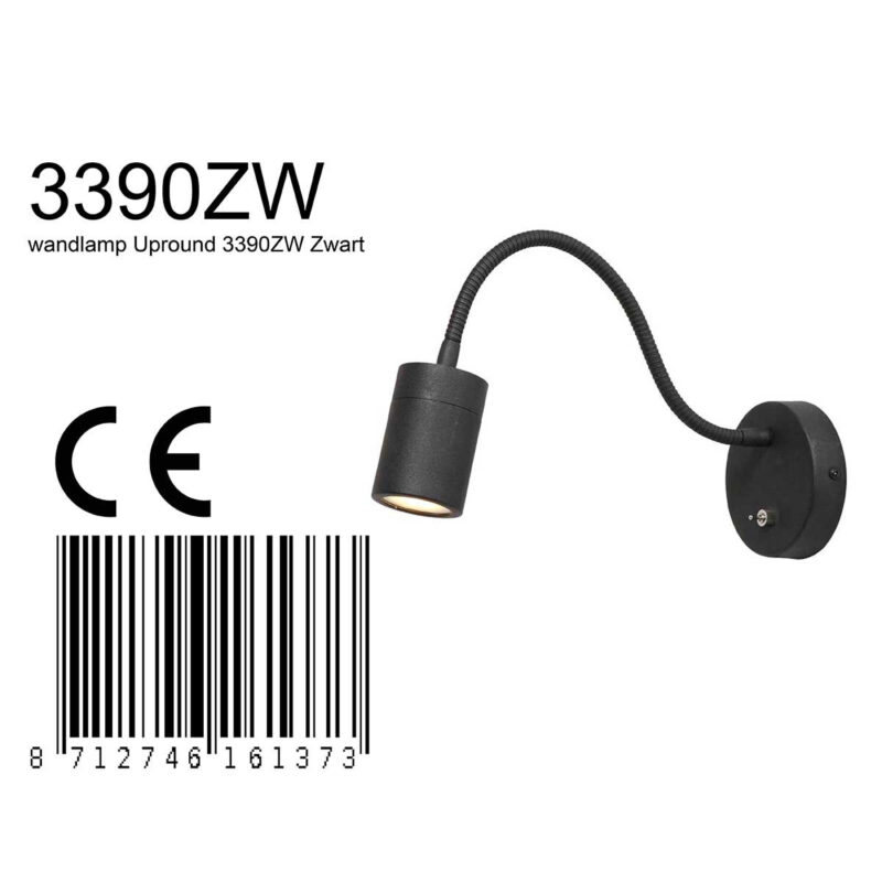 Zwarte wandlamp met flexibele arm 3390ZW Upround inclusief lichtbron - Afbeelding 8