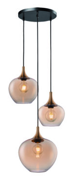 hanglamp fresu 5 lichts Glashelder hanglamp met drie glazen pendels en gouden accenten, moderne designlamp voor sfeervolle verlichting in woonkamer of eetkamer.