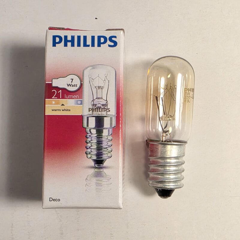 Energiebesparende Philips gloeilamp met warme witte lichtkleur, 21 lumen, 7 watt, ideaal voor sfeervolle verlichting in huis.