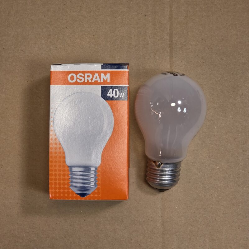 Gloeilamp en doos van OSRAM 40W, energiezuinige verlichting, geschikt voor woning en kantoor.