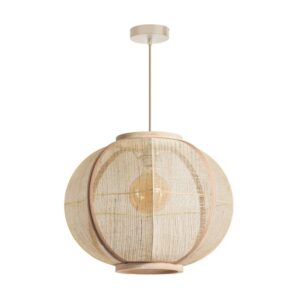 Unieke houten en rieten hanglamp, ideaal voor een warme en natuurlijke sfeer in huis. Perfect voor modern en scandinavisch interieur.