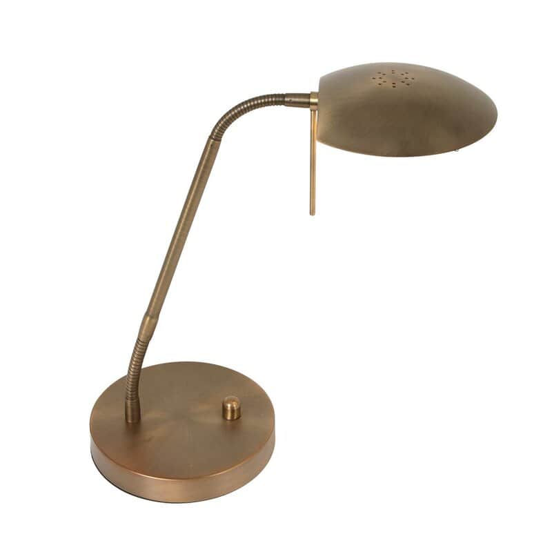 Antieke bronzen bureaulamp met verstelbare arm en schijfvormige lampenkap, elegant bureau- en tafellamp, stijlvolle verlichting, LICHY LAMPEN collectie.