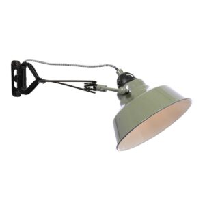 Stoere industriële wandlamp van LICHY LAMPEN met verstelbare arm en groen metalen afwerking, perfect voor gezellige sfeer in woonkamer of kantoor.