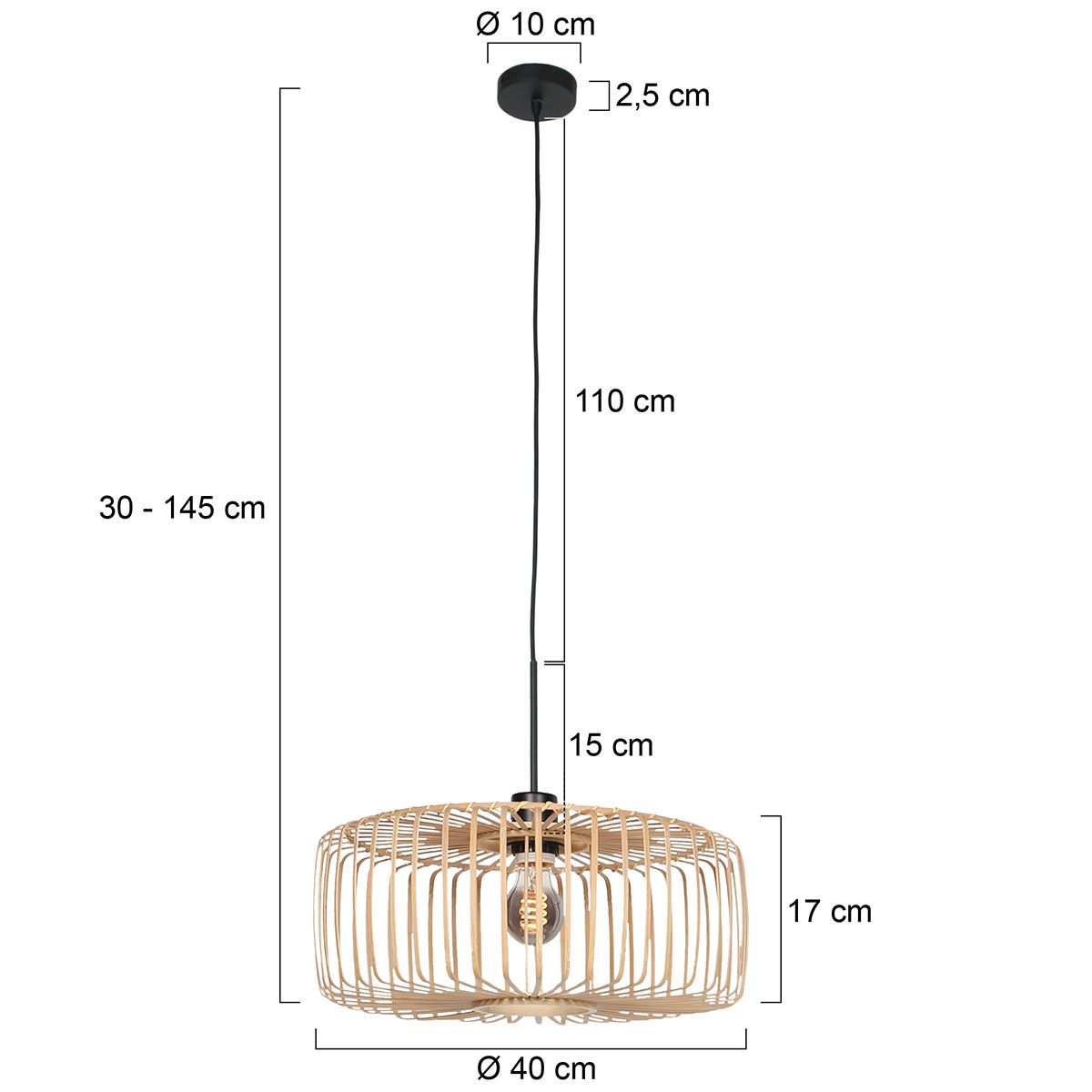 Hanglamp Sparkled Light 4474ZW – Zwart met bamboe kap Ø40 cm - Afbeelding 6