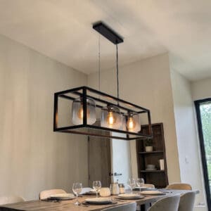Hanglamp rechthoek kooi Dentro 3 lichts Zwart Smoke Glas H 4123 SK Freelight