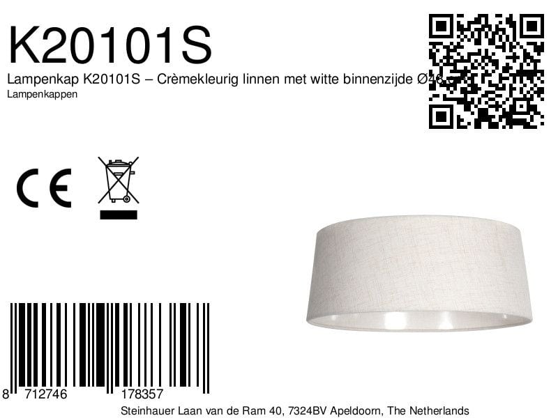 Lampenkap K20101S in crèmekleurig linnen met witte binnenzijde, geschikt voor het creëren van een warme en sfeervolle verlichting. Perfect voor moderne en klassieke interieurstijlen.