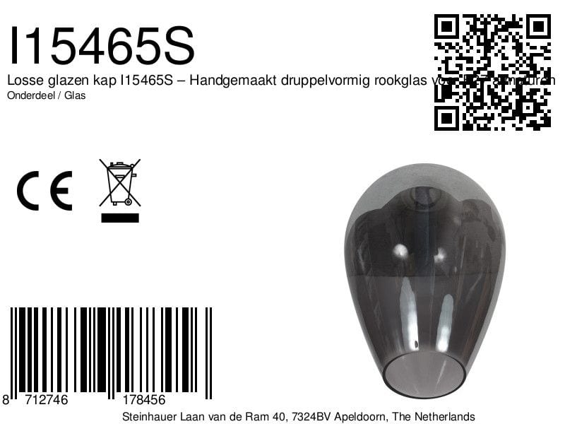 Handgemaakte druppelvormige rookglas voor E27 armaturen, geschikt voor sfeervolle verlichting en decoratie. Perfect voor het creëren van een warme en gezellige ambiance in elke ruimte.