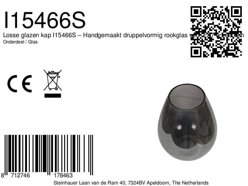 Handgemaakt druppelvormig rookglas voor E27 armaturen, geschikt als losse lampenkap voor sfeervolle verlichting.