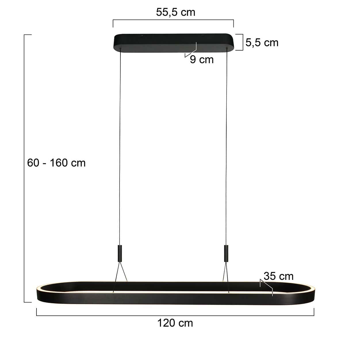 Ovale zwarte hanglamp Mykty 4205ZW – 120 cm breed, in hoogte verstelbaar met Cable Lift - Afbeelding 8